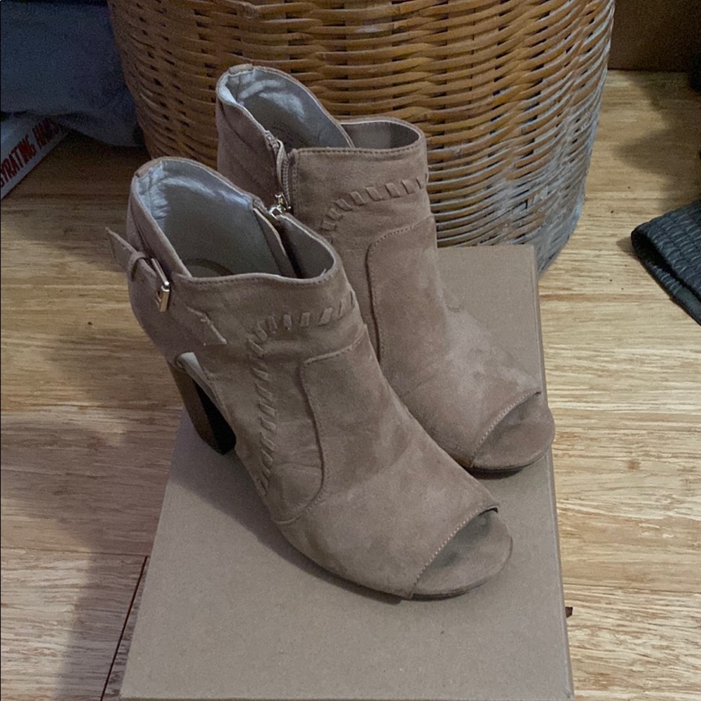 Unisa Tan Heeled Boots with Open-Toe Design
